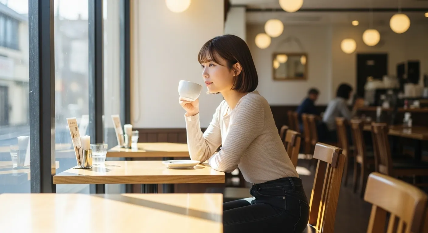 梅田のカフェで女性がコーヒーを飲んでいる