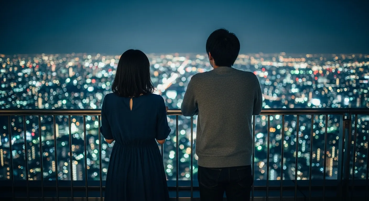カップルが夜景を見ている